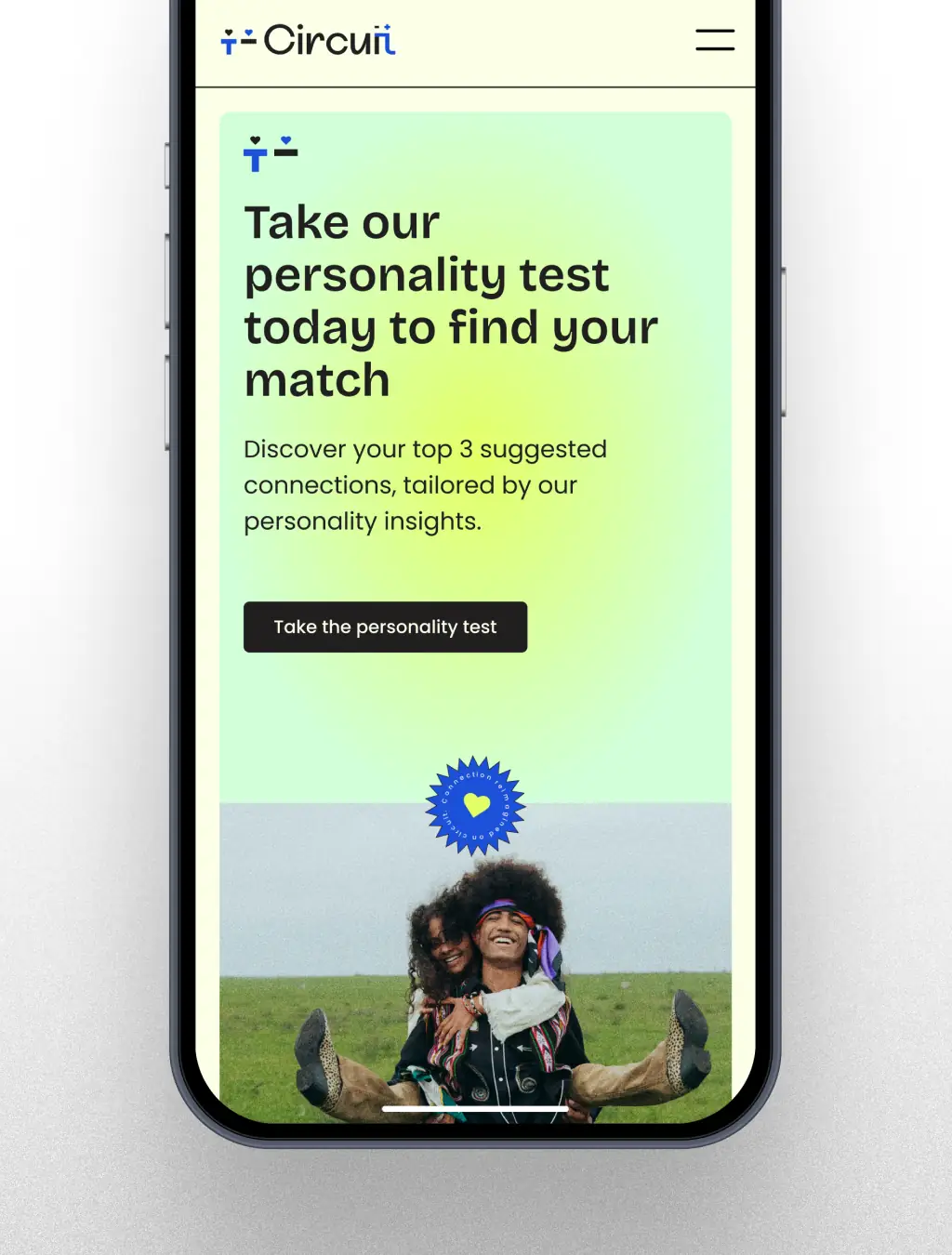 Mobile mockup displaying the website section urging users to take the personality test & sign up.