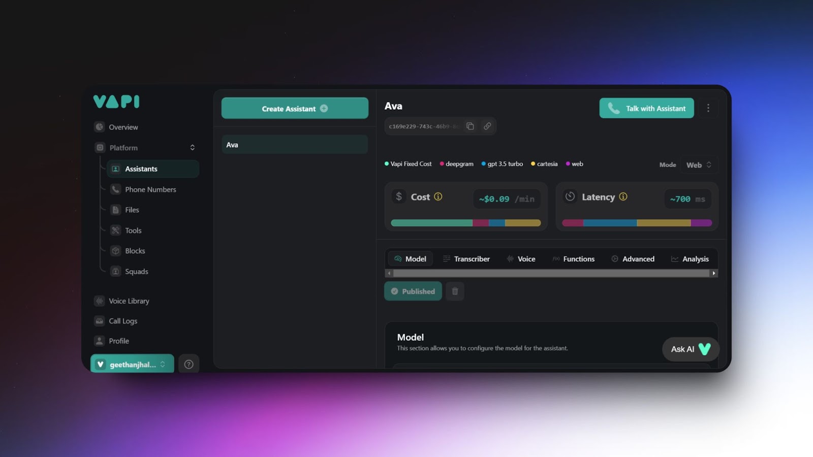 Screenshot of Vapi AI-powered assistant configuration interface for creating and managing virtual assistants with cost, latency, and model settings.