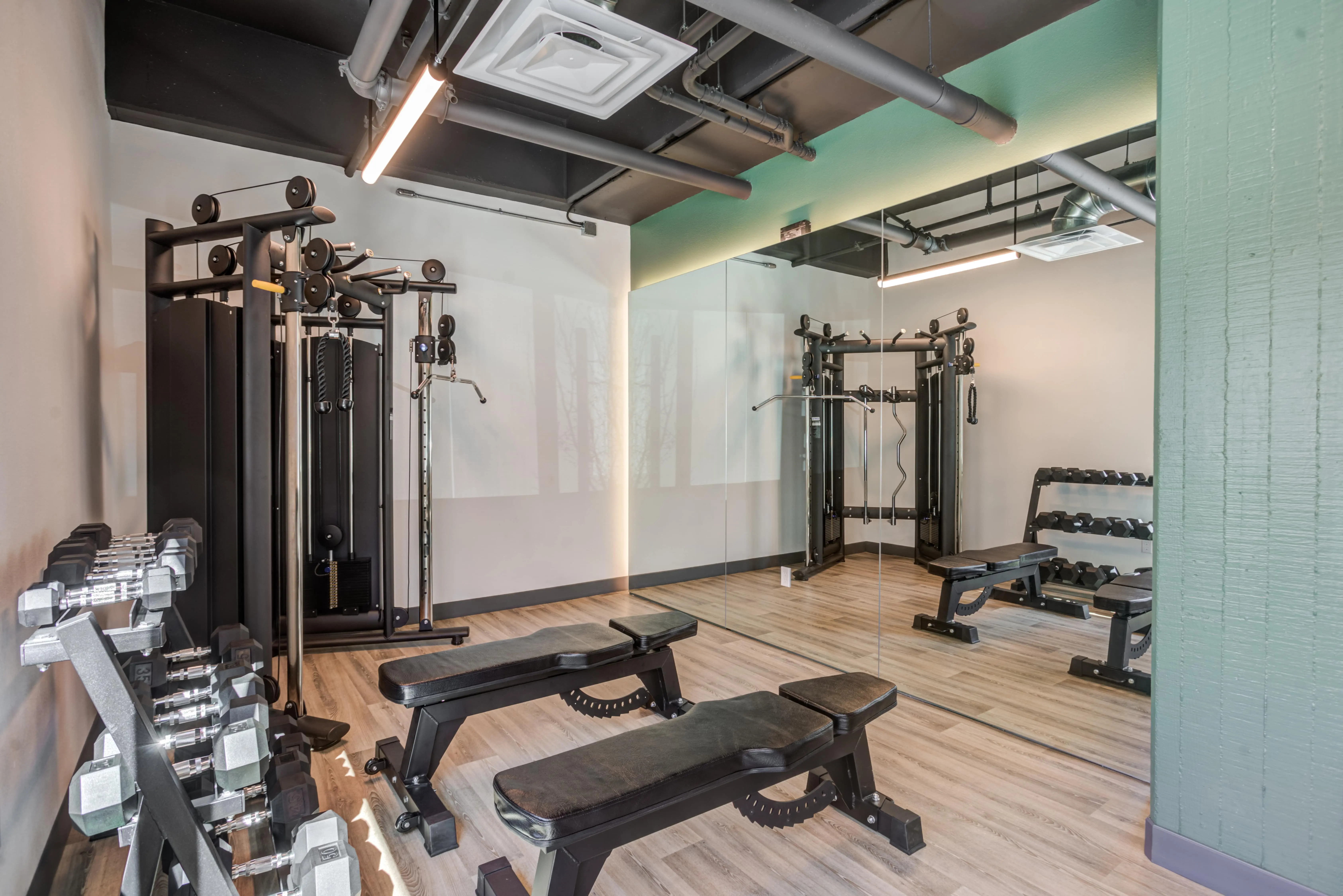 A sun-drenched modern gym with large mirrors, two weight benches, a set of dumbbells on a rack, and various exercise machines, including a cable machine. The space is well-lit with wooden flooring and exposed ceiling pipes for an industrial look, perfect for modern living spaces in Midtown Sacramento.