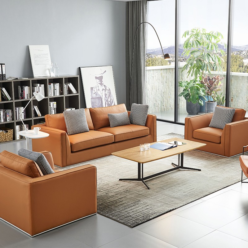 Contemporary orange leather 3-seater sofa and armchair in bright modern living room from above – gray rug, coffee table, plants, mountain windows