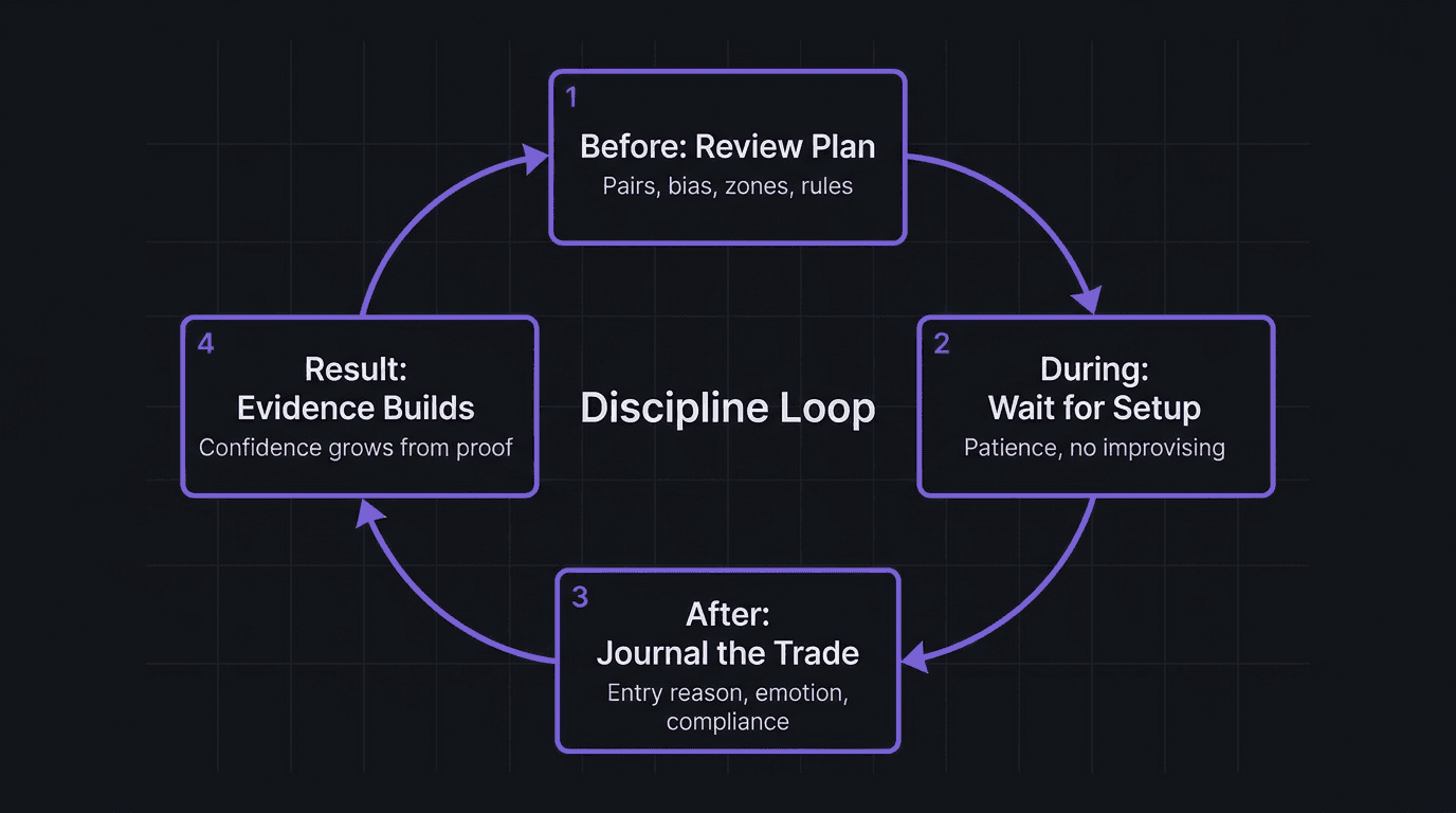 Flowchart showing the discipline loop: plan, execute, journal, confidence
