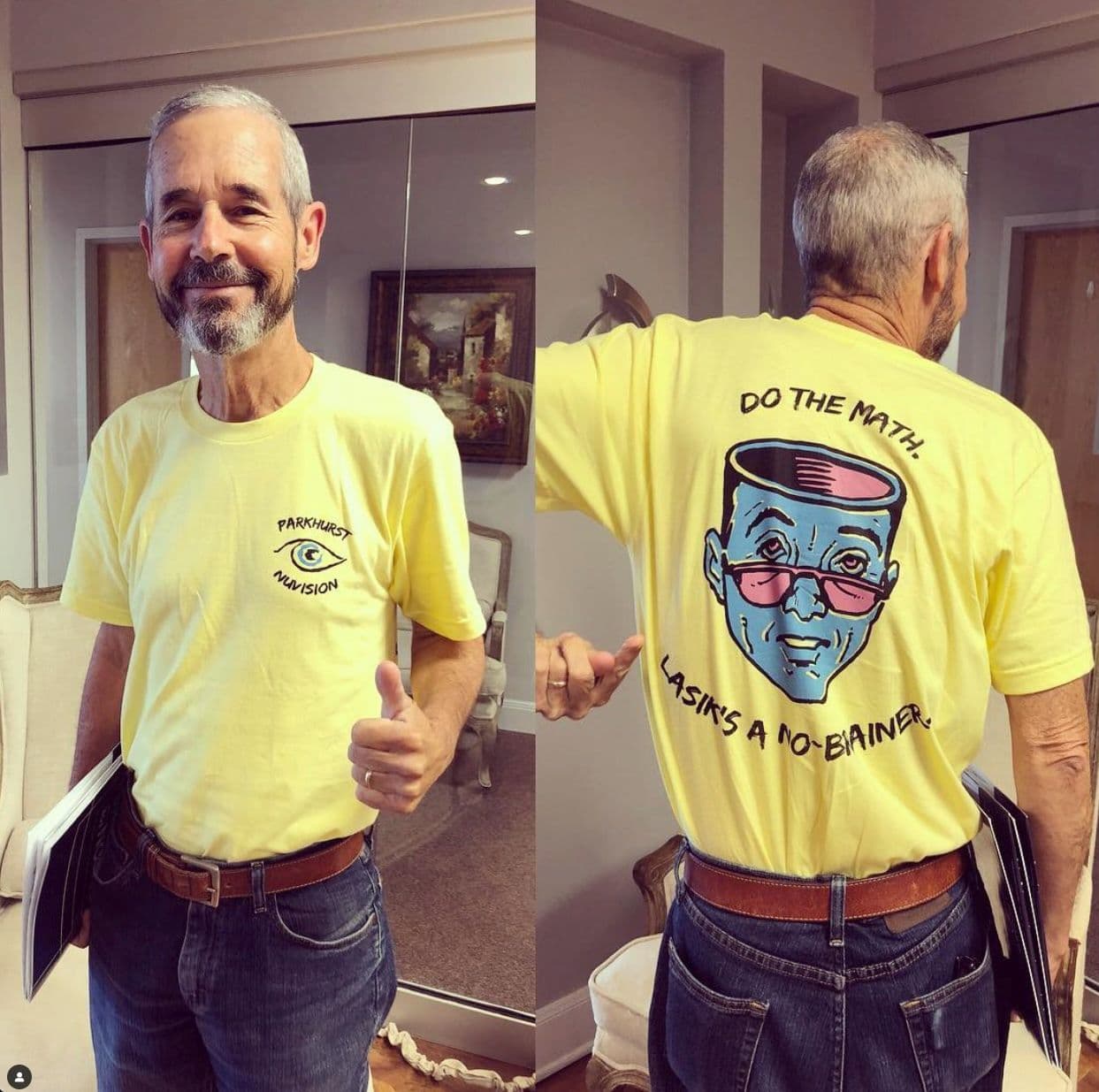 Image of a man wearing a yellow shirt that says "Do the math. LASIK's a no-brainer." on the back.
