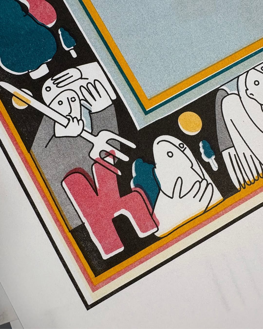 Details of a colourful art-print with abstract cartoonish characters and the letter ‘k’