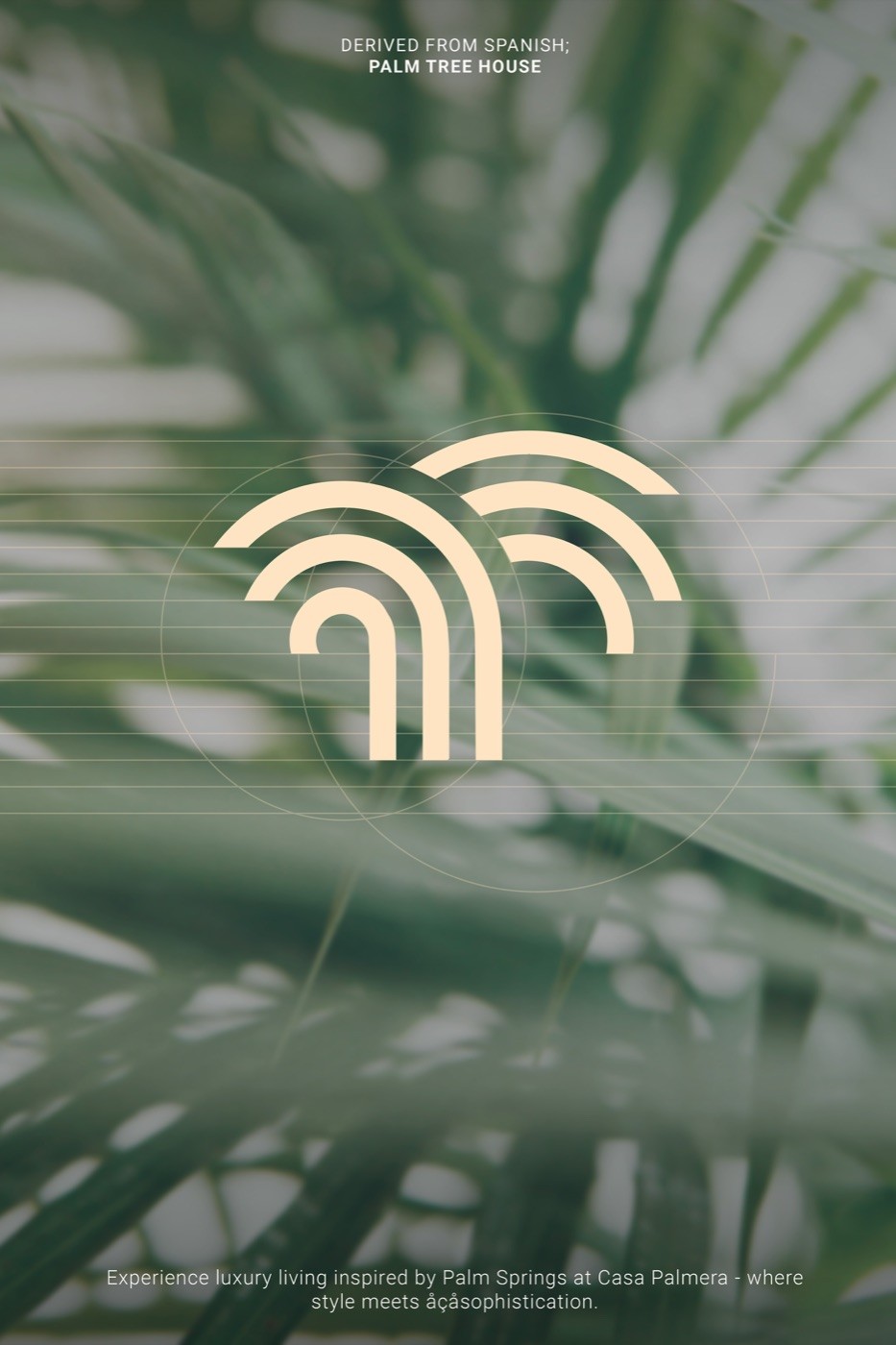 Casa Palmera Instagram post design, palm-arc mark on a leafy background with the Palm Springs tagline