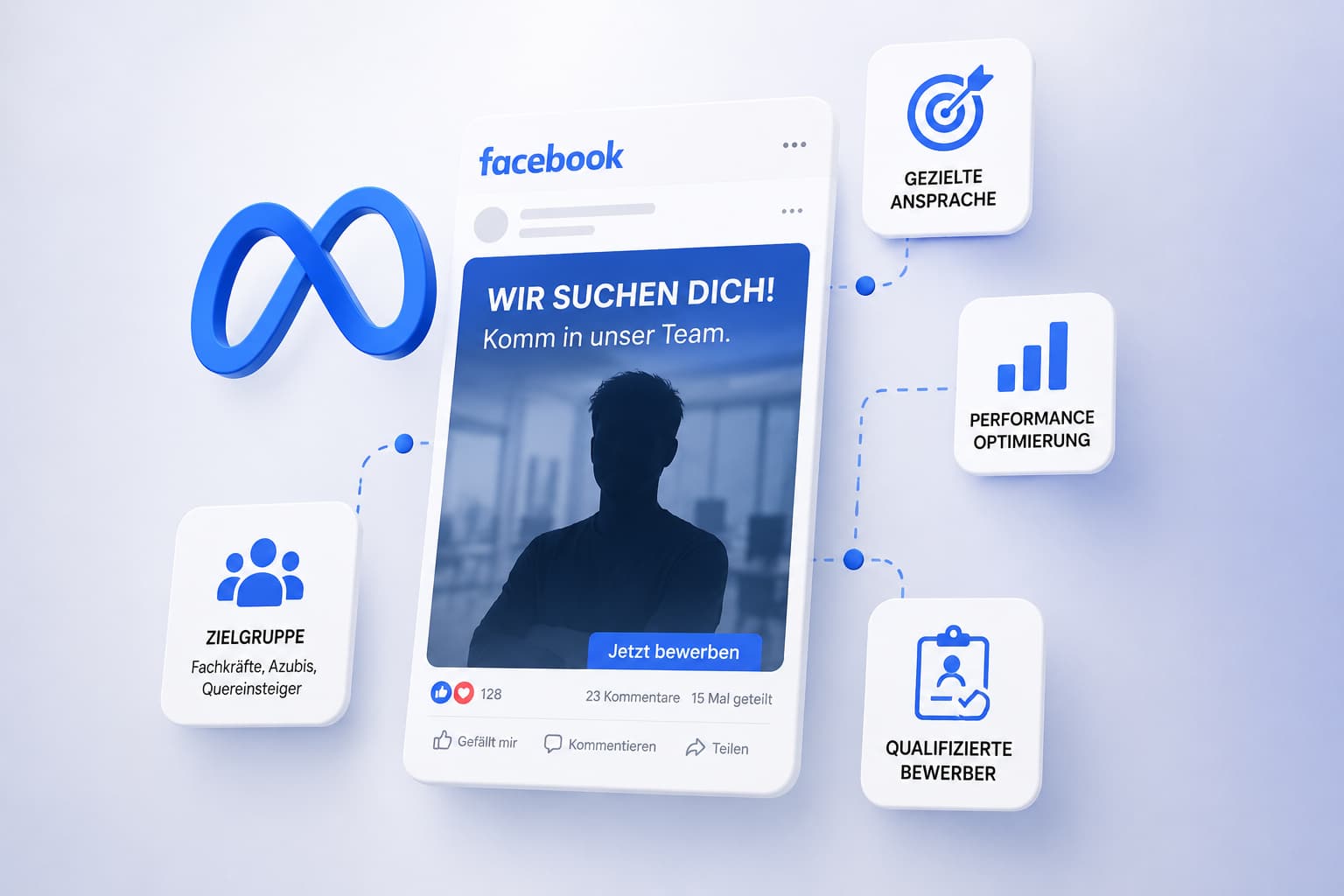 Grafische Darstellung einer Meta Ads Recruiting Kampagne mit Facebook Ads, Instagram Ads, Lead Ads und Retargeting. Das Bild steht für bezahlte Bewerberkampagnen und Creative Testing.