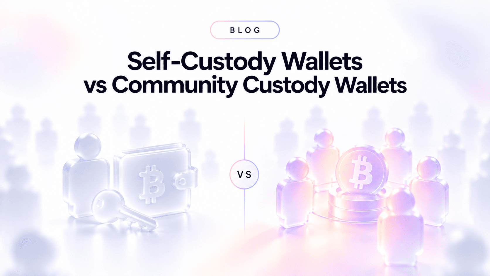 comparing self-custody Bitcoin wallets with community custody, showing an individual with a Bitcoin wallet and key beside a group collectively holding Bitcoin.