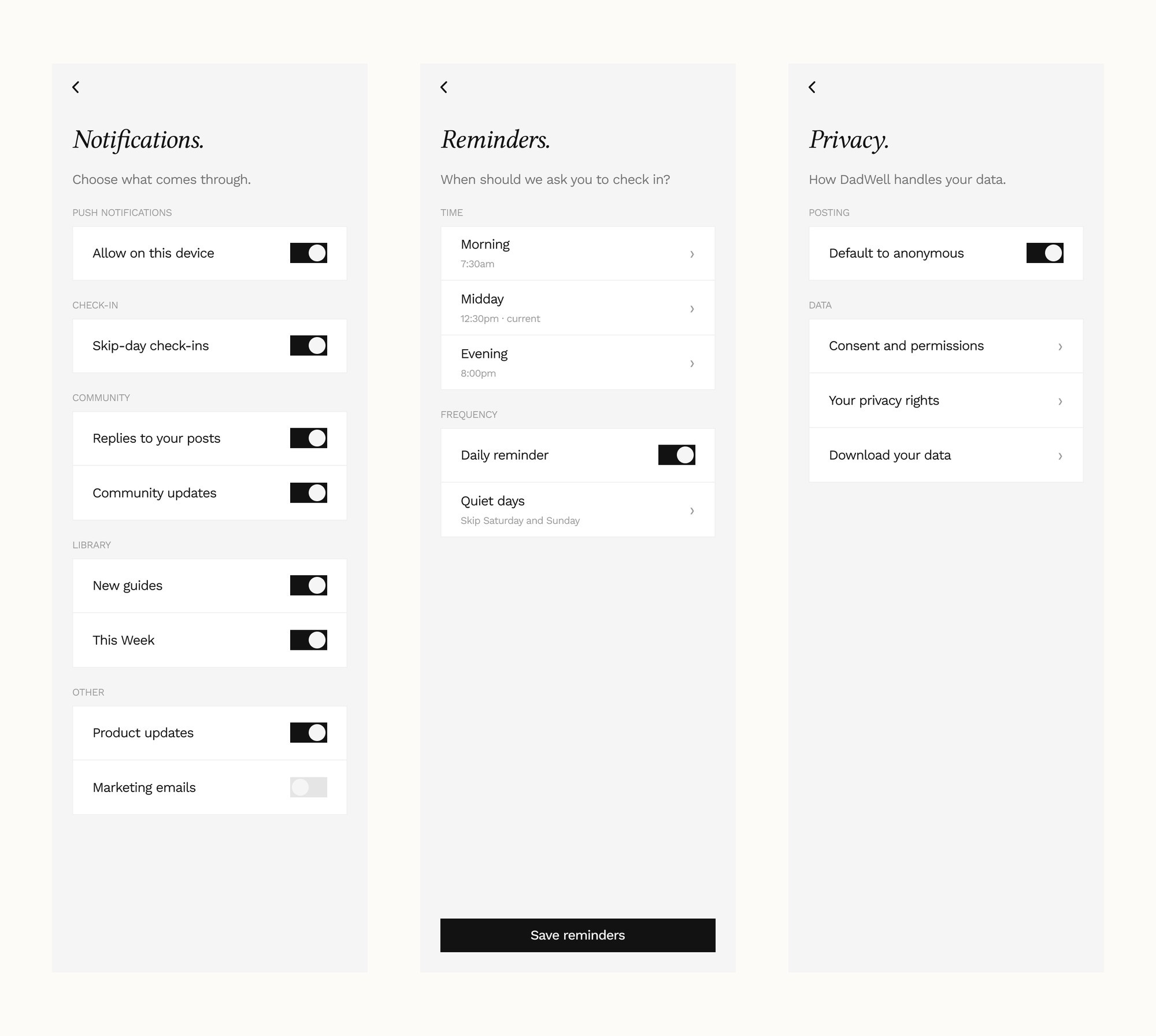 The settings a father can reach and change, notification control, check-in reminders, and privacy with consent and data download