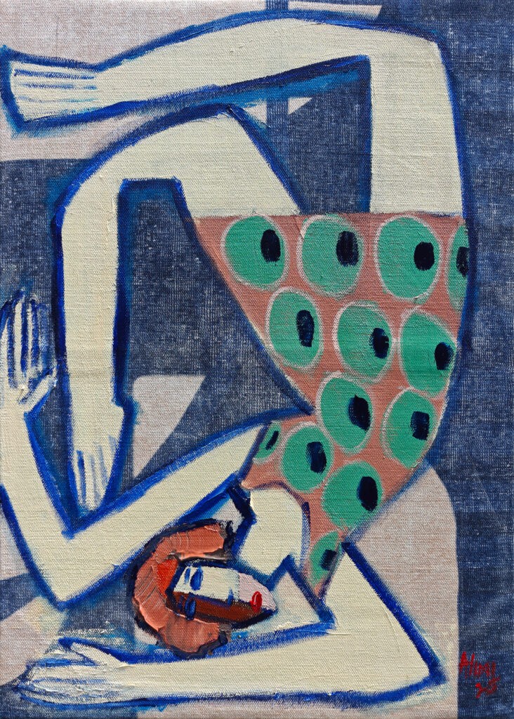 ALIMI ADEWALE b. 1974, Spatial Reverie I, 2025, Acrylic on kilim, 143 x 102 cm (56 1/4 x 40 1/8 in.) | Courtesy of Alimi Adewale and Pearl Lam