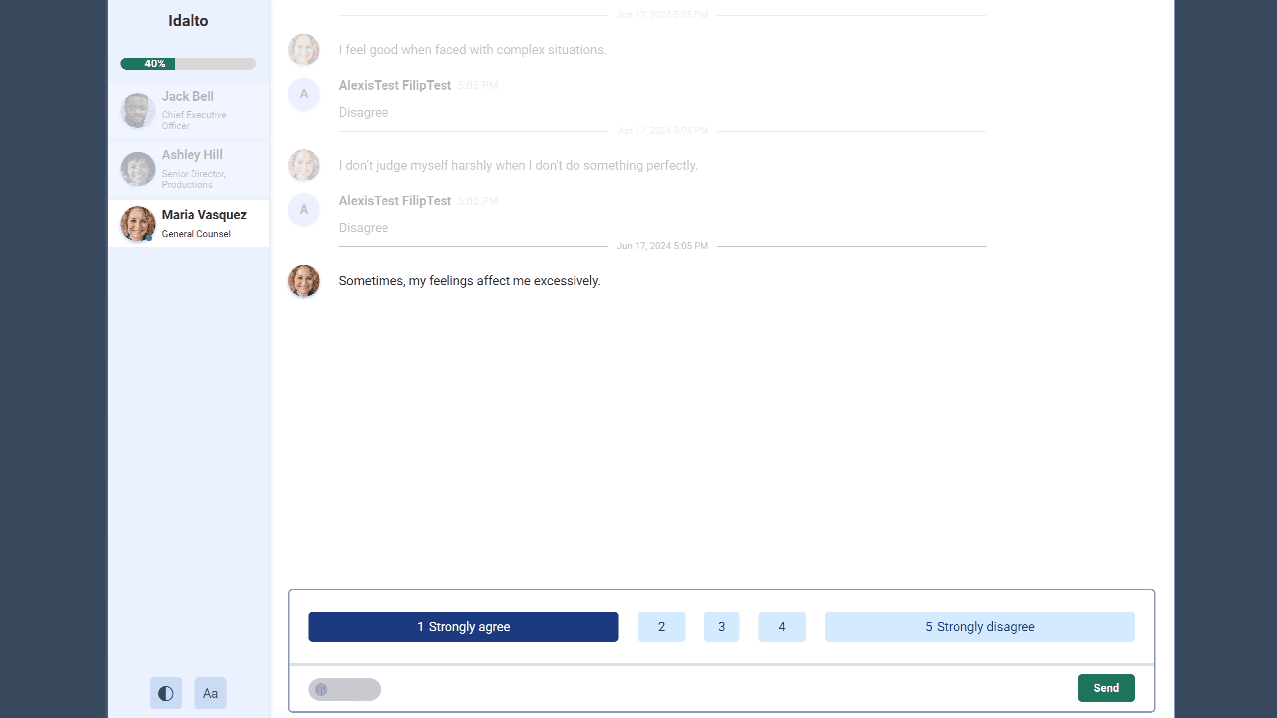 Bryq assessment interface showing a Likert scale question, "Sometimes, my feelings affect me excessively," with response options ranging from "1 Strongly agree" to "5 Strongly disagree."