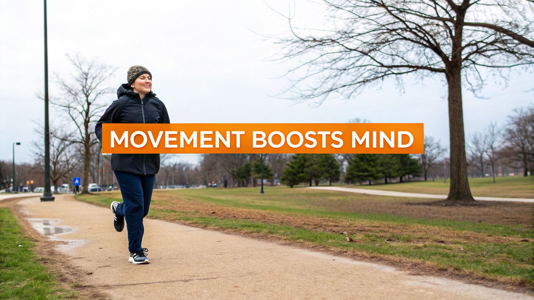 Woman jogging outdoors in park during winter wearing navy jacket demonstrating movement boosts mind