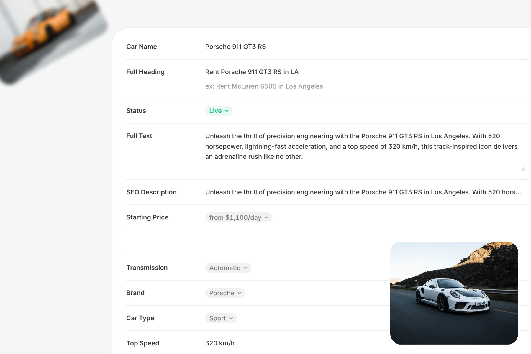 Car rental website admin panel showing vehicle details, pricing, transmission type, and specifications for a Porsche 911 GT3 RS listing.