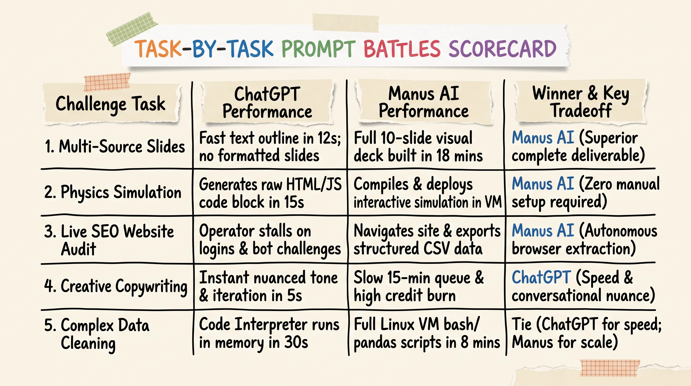 Task battle scorecard comparing Manus AI and ChatGPT speed output quality and success rates across 5 challenges