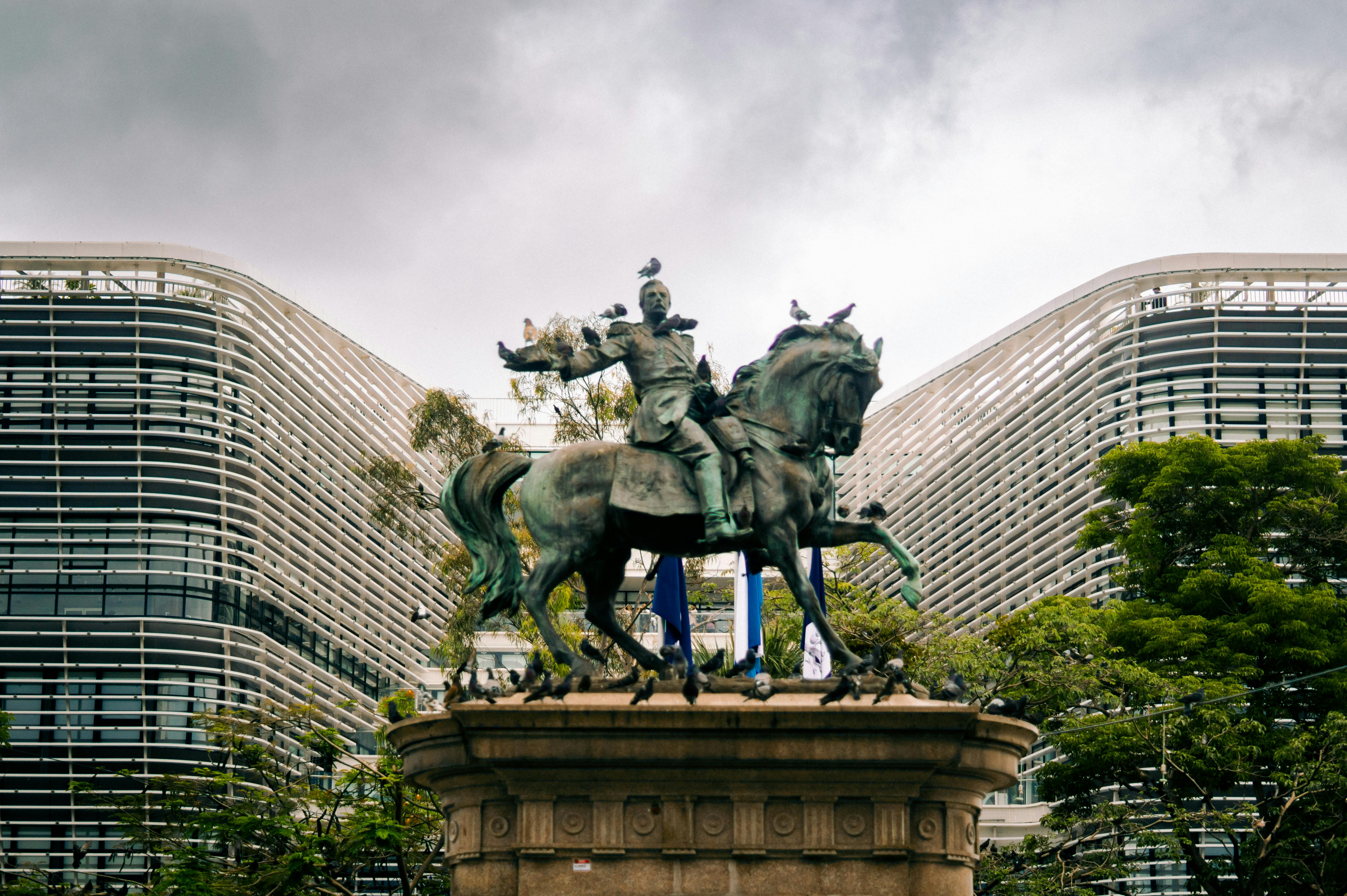 A bronze equestrian statue of a military figure on a stone pedestal, covered in pigeons. In the background, modern white buildings with horizontal louvers stand behind lush green trees under a cloudy sky.