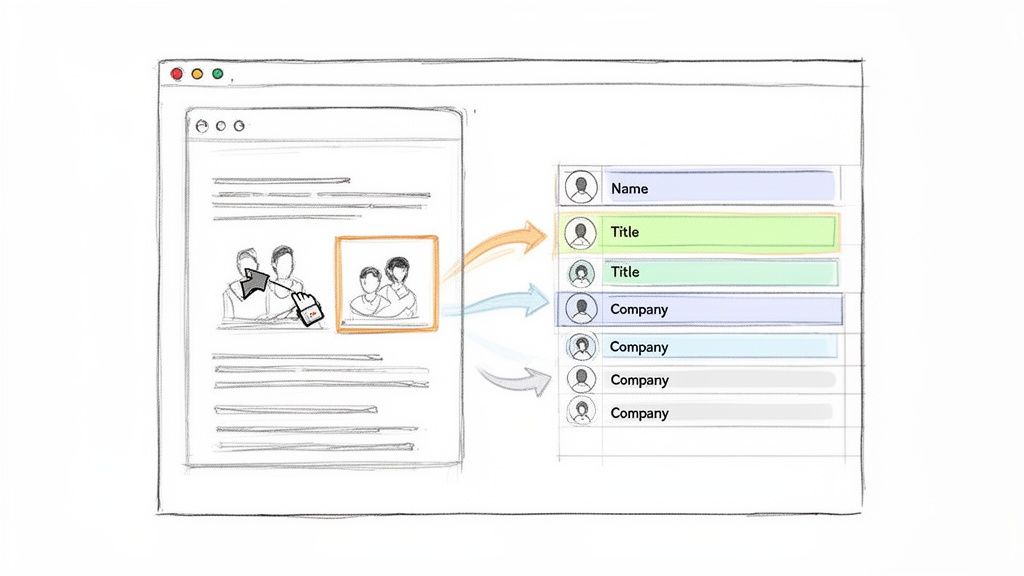 Illustration demonstrating data extraction from a webpage to structured fields like Name, Title, and Company.