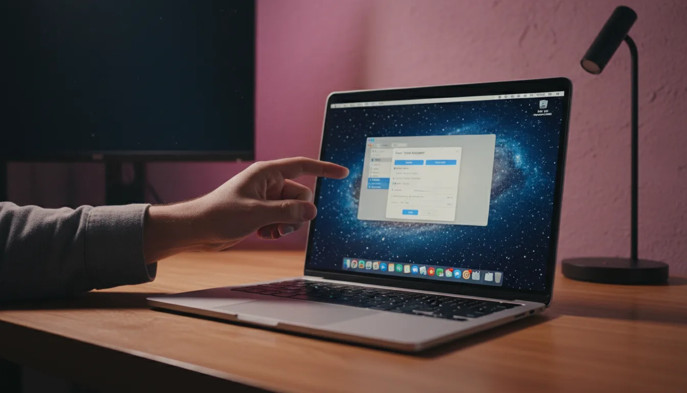 DSLR photography from a user's perspective, a hand gestures towards a silver MacBook Pro on a warm wooden desk. The laptop screen displays the macOS Boot Camp Assistant utility with a light mode interface and abstracted UI elements, against a starry night wallpaper. The scene features cinematic contrast lighting, with a vibrant magenta glow illuminating the background wall. In the soft-focus bokeh background, a second monitor and a modern desk lamp are visible.