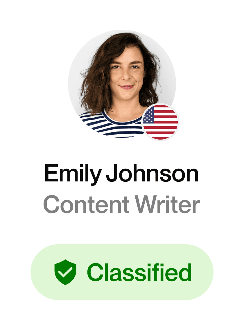 Talent card showing a talent's headshot, Content Writer, with a US flag icon indicating his nationality.  A button below says "Classified".