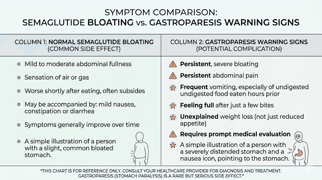 Normal semaglutide bloating versus gastroparesis warning signs comparison chart