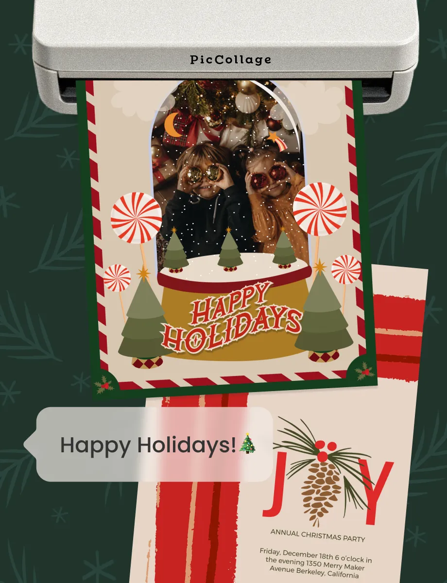 Finished holiday card with a family photo and gift box design ready to share or print in HD