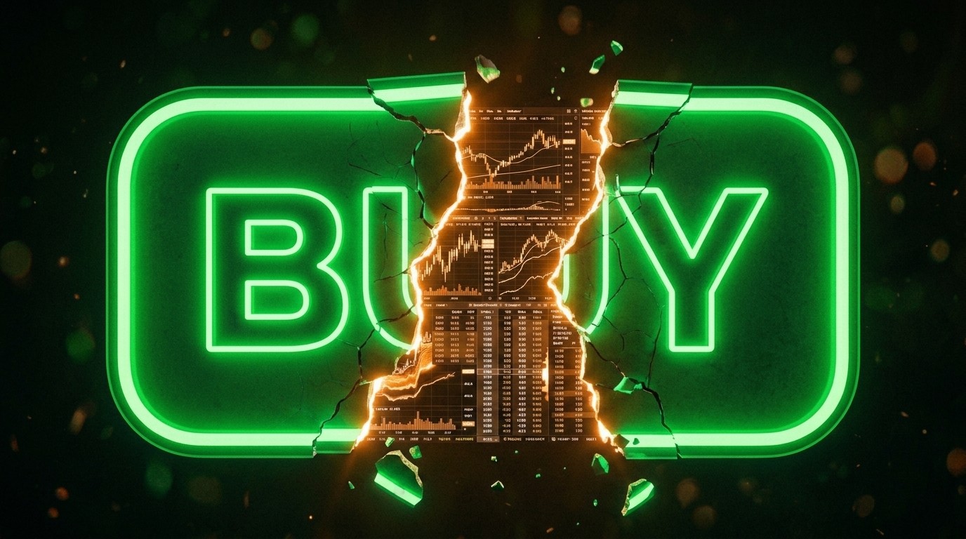 A glowing green "BUY" badge cracking open to reveal a dense web of market data â velocity curves, order flow, options grids, and structure â in electric blue against a near-black background.