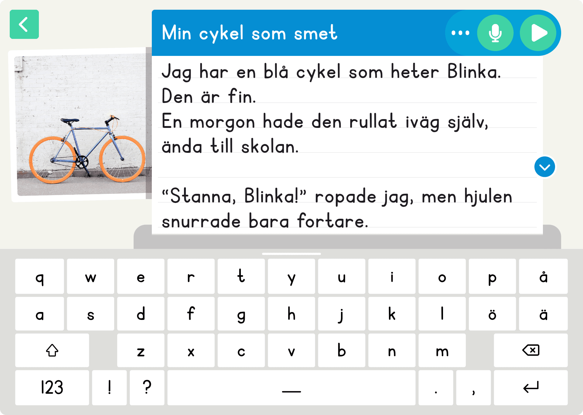 Skrivvyn i Kattalo med texten Min cykel som smet, en bild på en cykel och tangentbord med mikrofonknapp