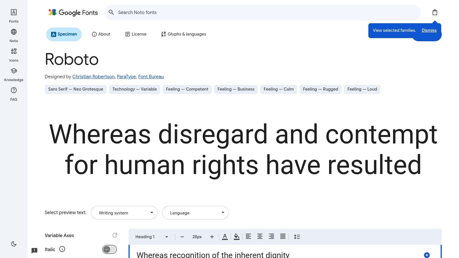 Roboto font displayed on a website design