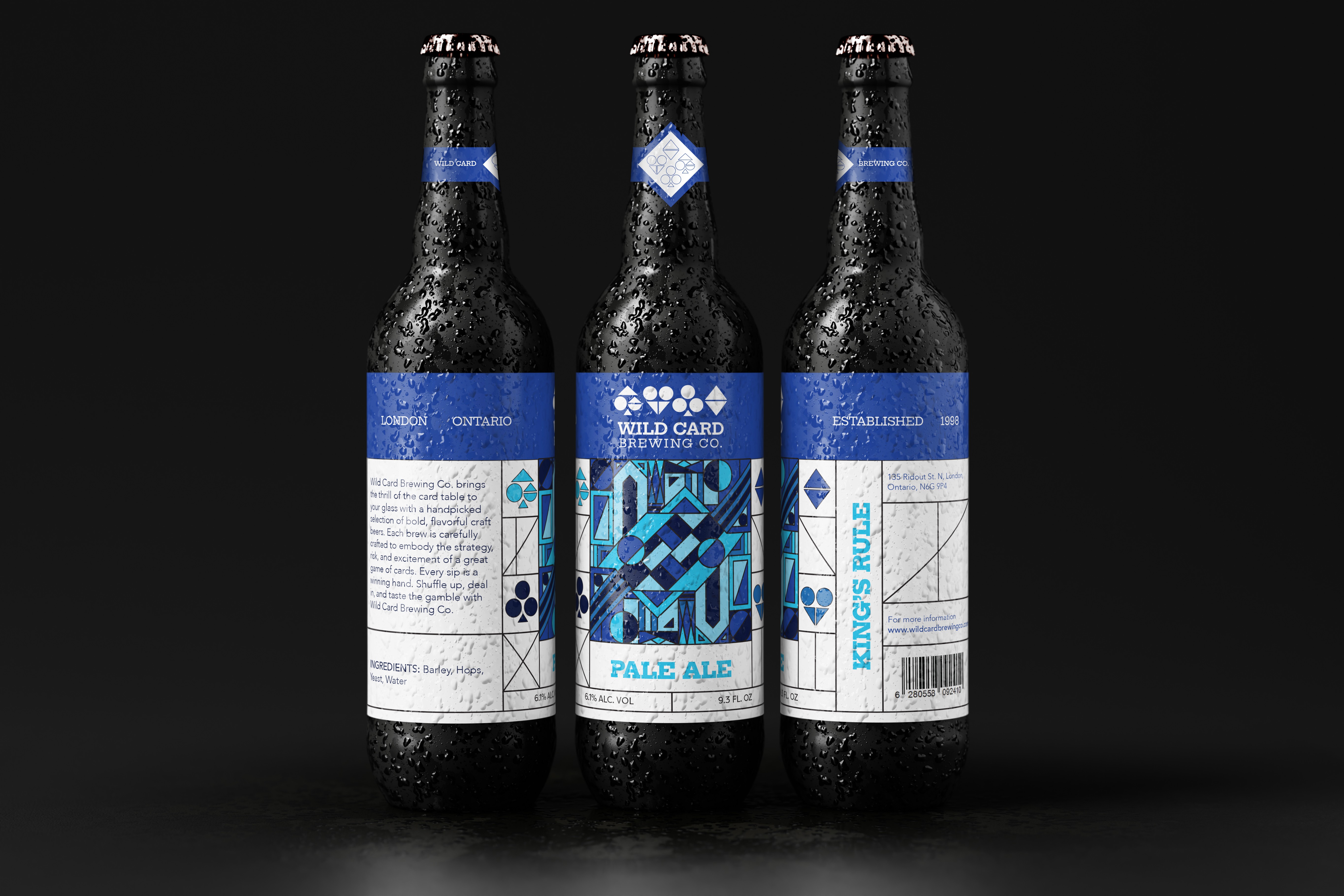 Mockup of the blue label design shown on beer bottles. Different perspective are displayed to show the whole design of the label on the bottle.