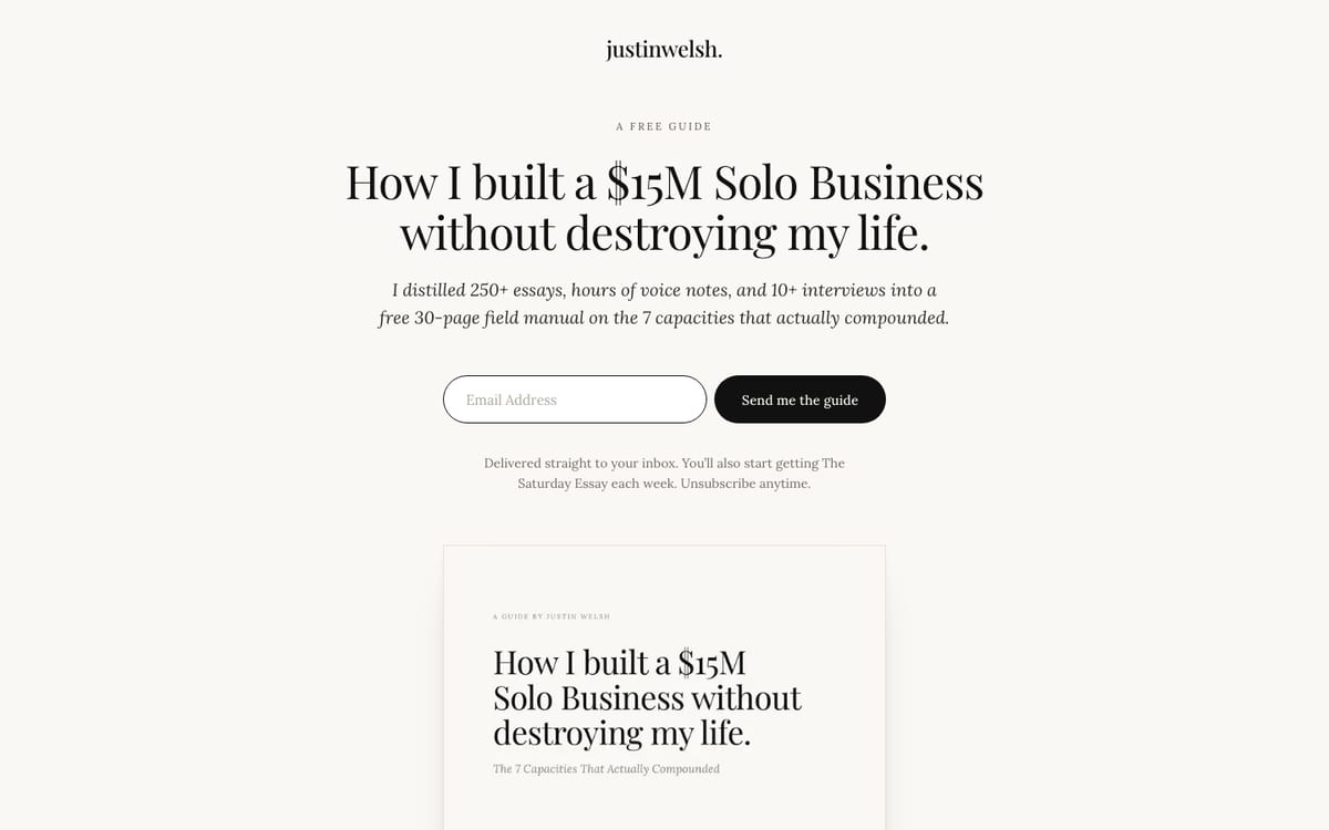 Justin Welsh landing page for his free 30-page guide