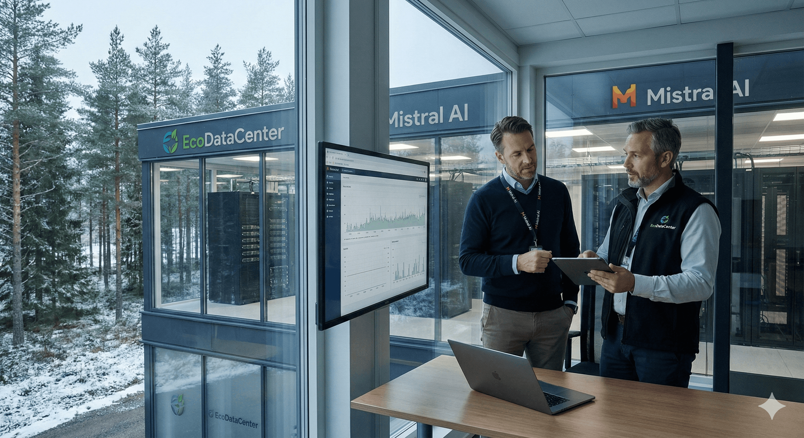 Two professionals discuss inside a modern data center office, featuring digital displays and overlooking the snowy landscape and EcoDataCenter buildings, highlighting Mistral AI's €1.2bn investment in Sweden for a European data centre.