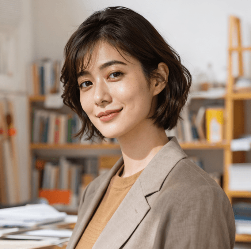 Professional woman with short dark hair wearing a beige blazer, smiling confidently in a bright office with bookshelves in the background.