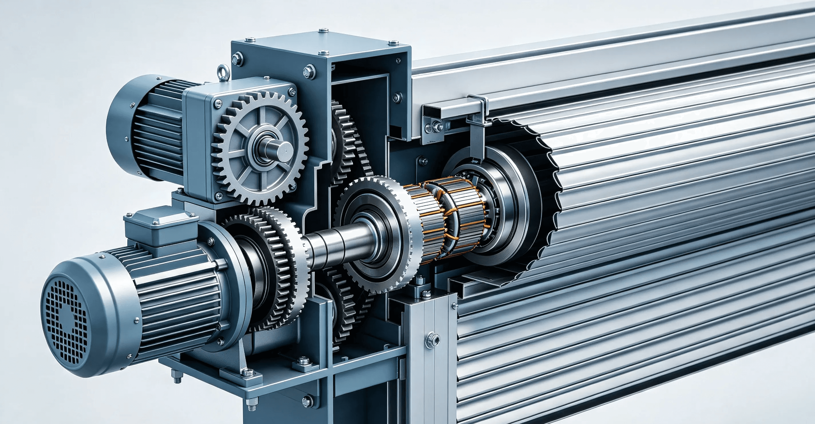 Roller shutter motor mechanism showing motor gearbox and shaft operation