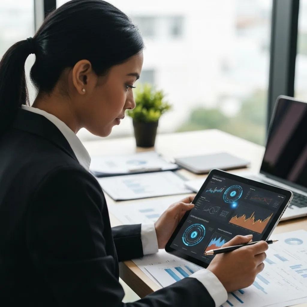 Financial professional analyzing digital asset data with a focus on blockchain technology and Merkle trees