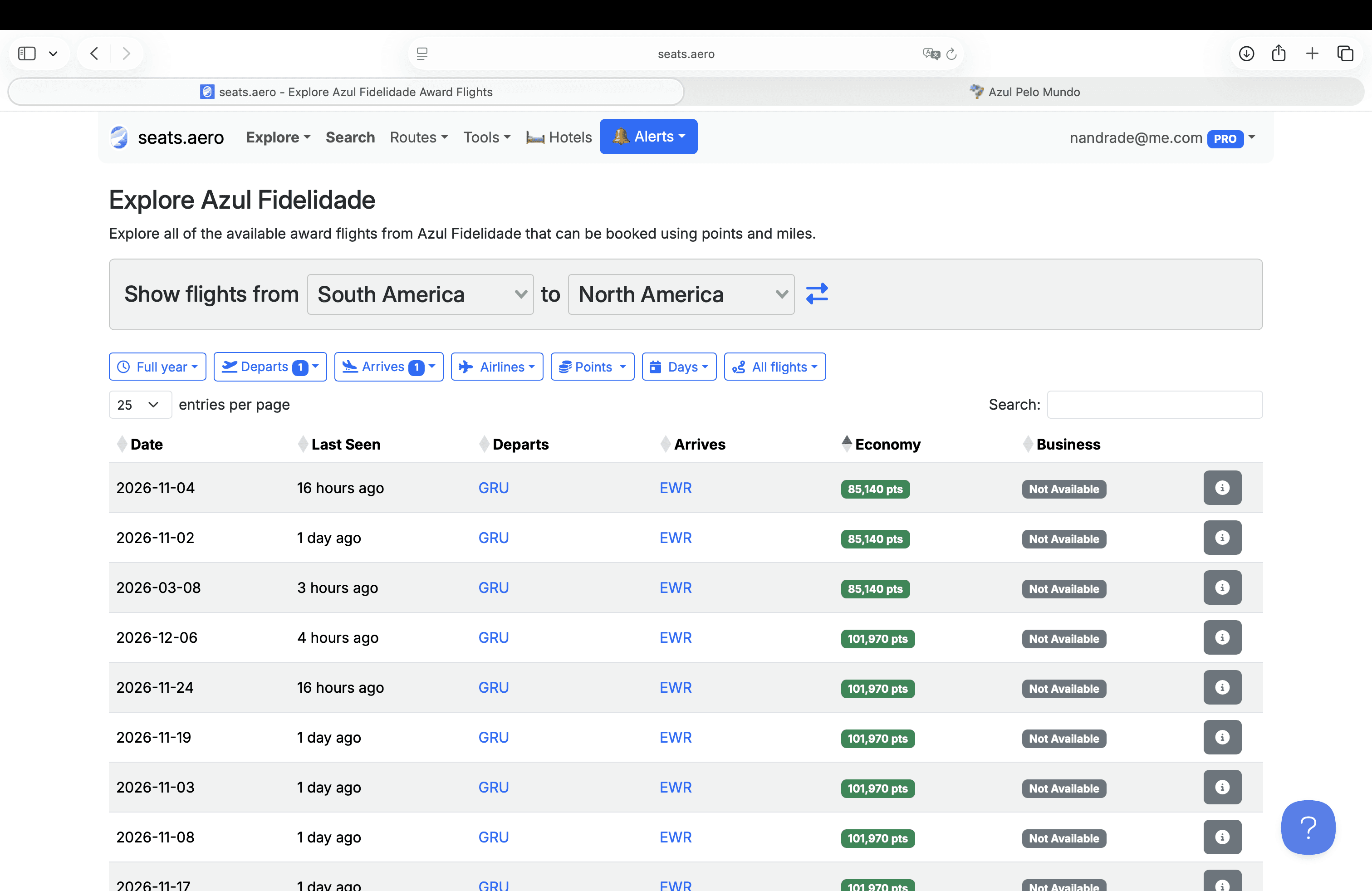 Tabela do Seats.aero mostrando voos Azul Fidelidade da América do Sul para a América do Norte, com valores em pontos e datas.