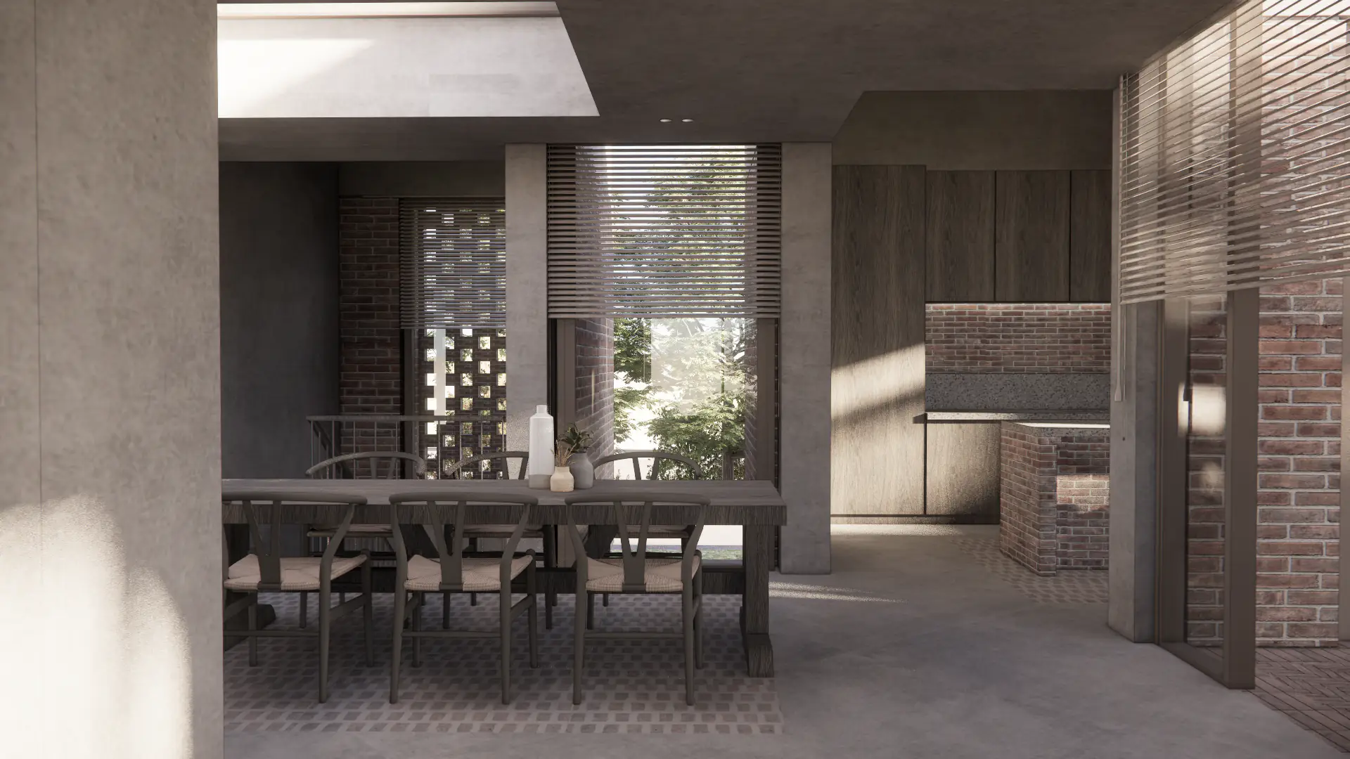 Long dining table with the kitchen behind