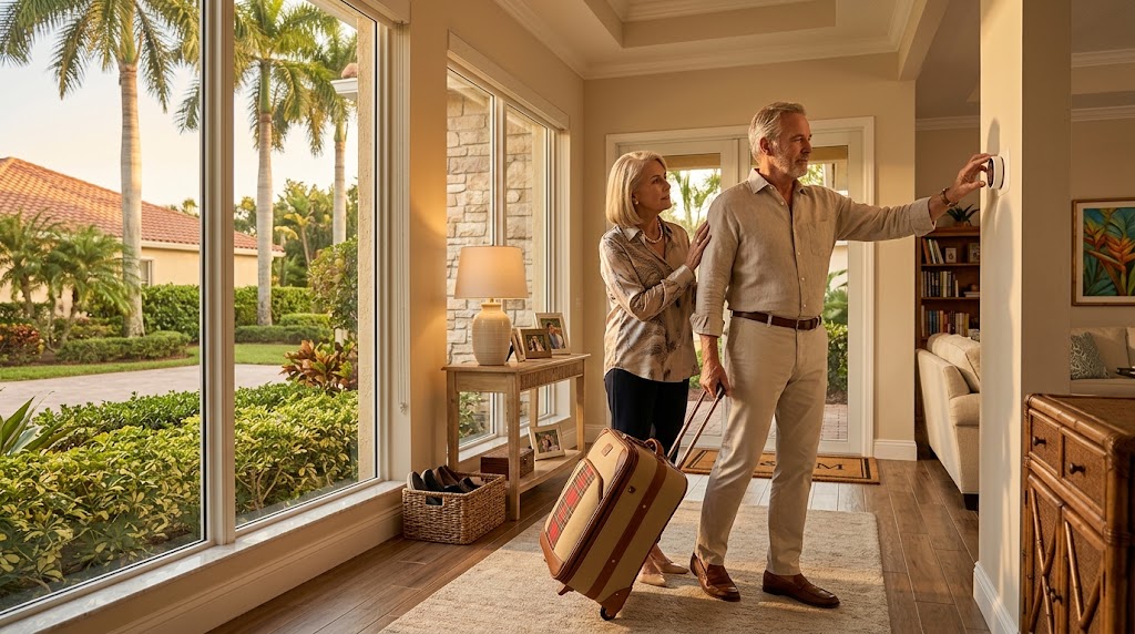 Snowbird homeowner checking the thermostat after returning to a Boca Raton home