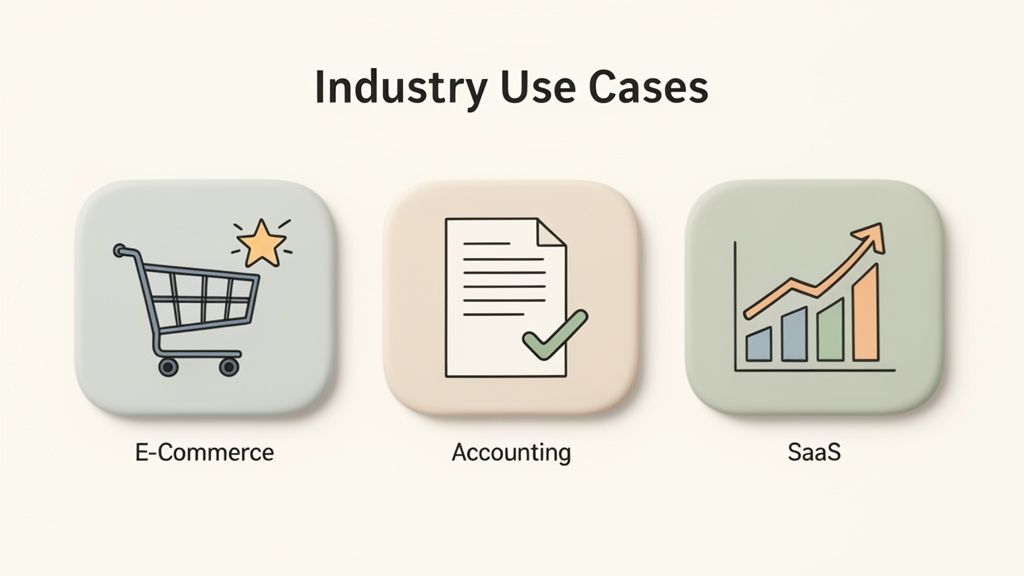 Three icons representing industry use cases: E-Commerce, Accounting, and SaaS, with a shopping cart, document, and bar graph.