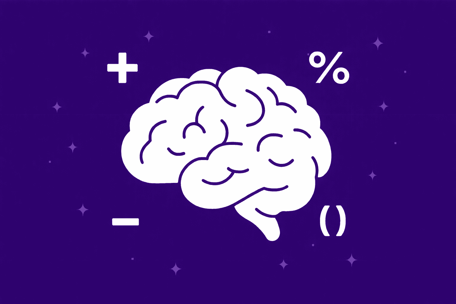 Simple illustration of a brain surrounded by mathematical symbols such as plus, minus and percentage, representing thinking, problem solving and mental processing.