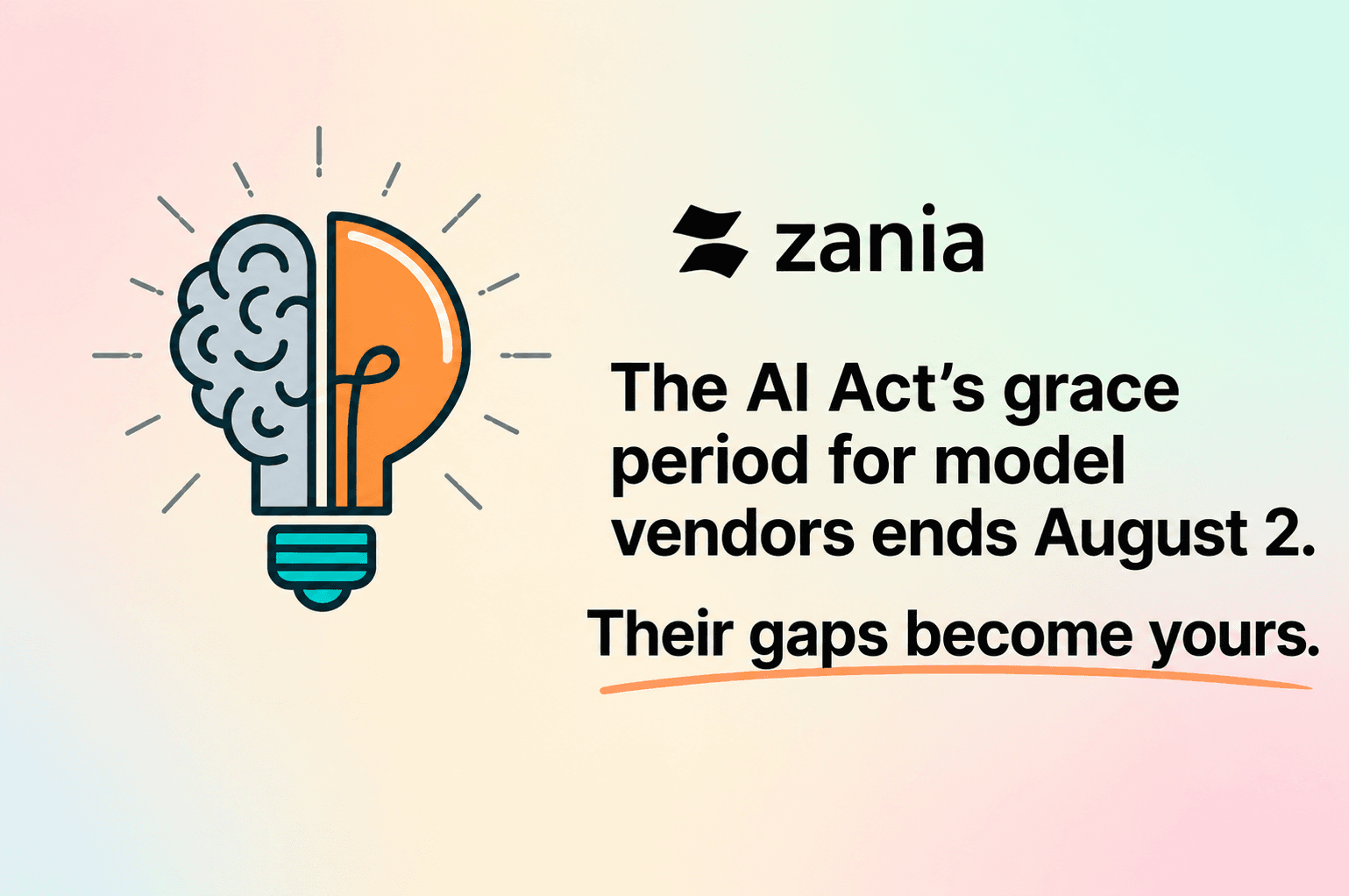 Zania graphic featuring a brain-and-lightbulb illustration on a soft pastel gradient background with the headline: 'The AI Act's grace period for model vendors ends August 2. Their gaps become yours.' The image highlights the approaching EU AI Act compliance deadline and the shared third-party risk organizations inherit from AI model vendors.