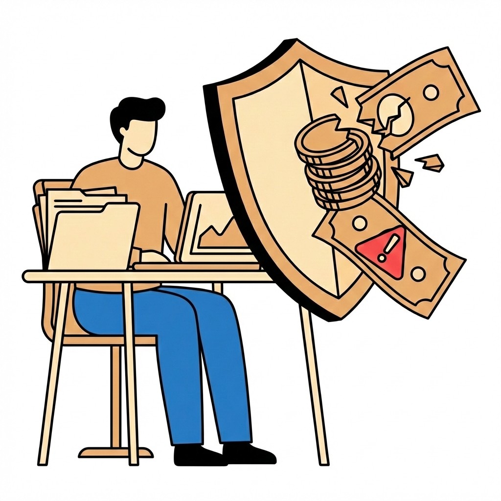 Schutzschild „Haftpflicht“ hinter einem großen Geldhaufen mit Schild „hohe Summe“ und einer Checkliste mit blauen Haken.