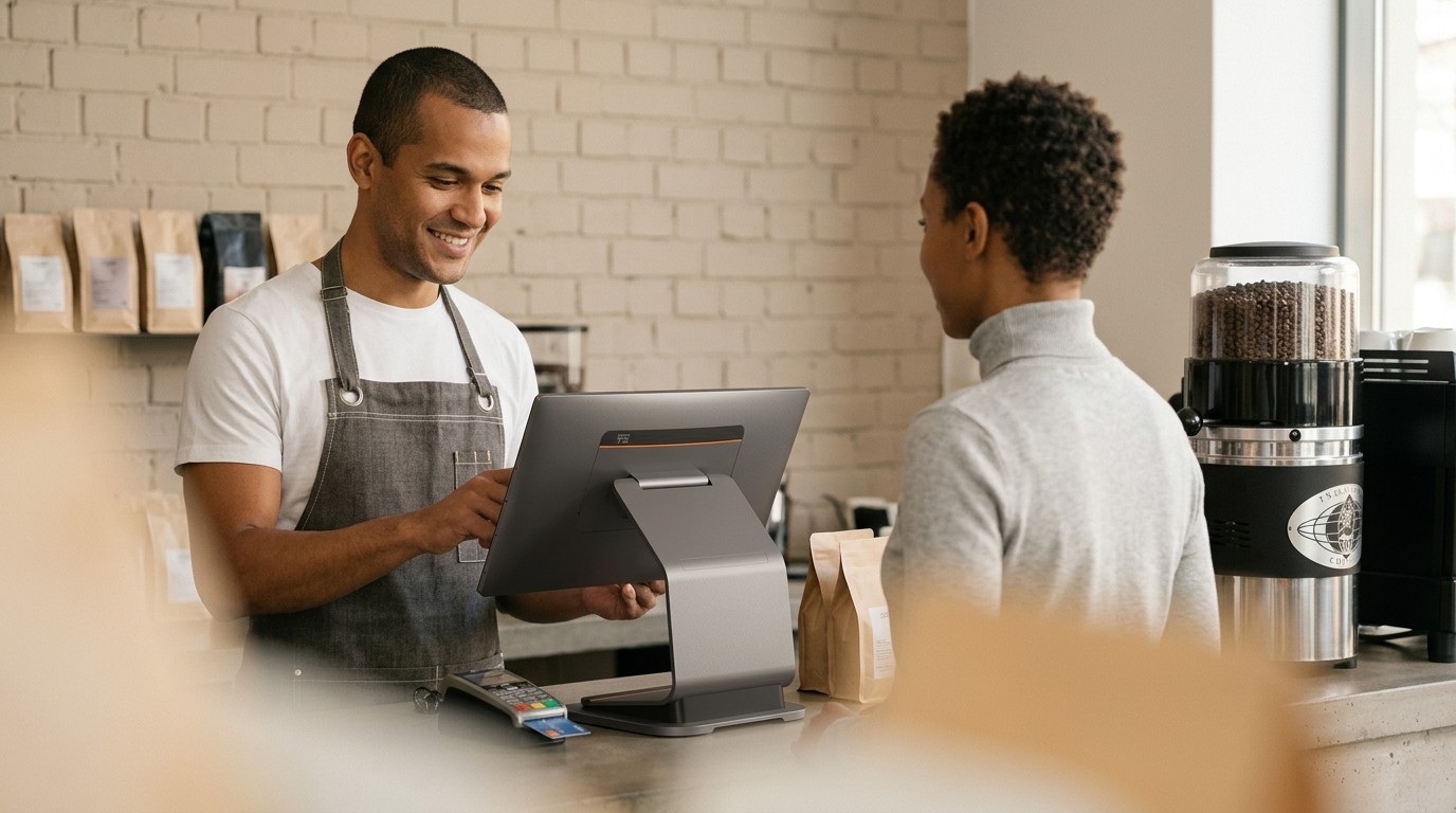Smiling woman using POS system. Retail & sales concept.