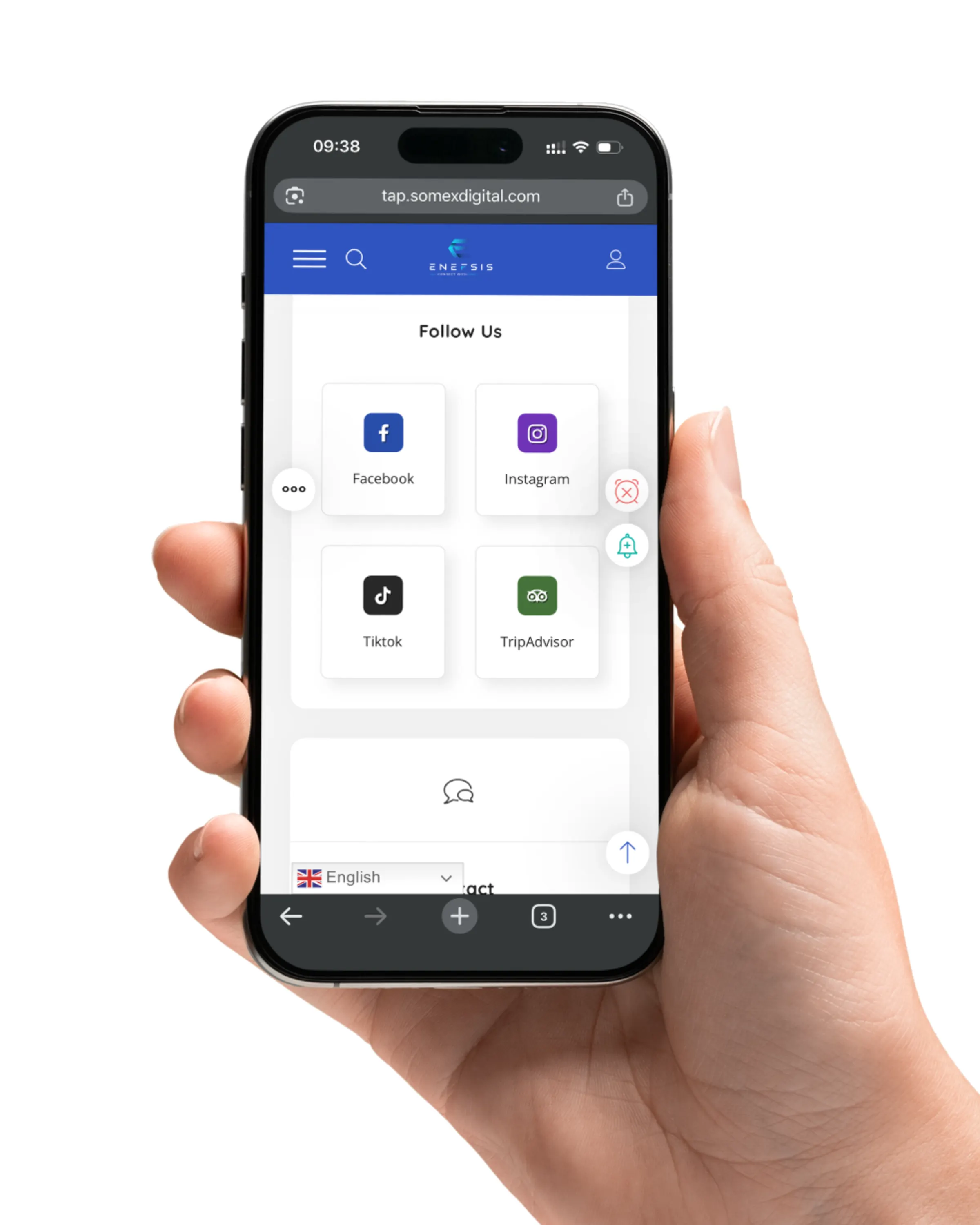 Smartphone displaying social media links including Facebook, Instagram, TikTok, and TripAdvisor after NFC interaction