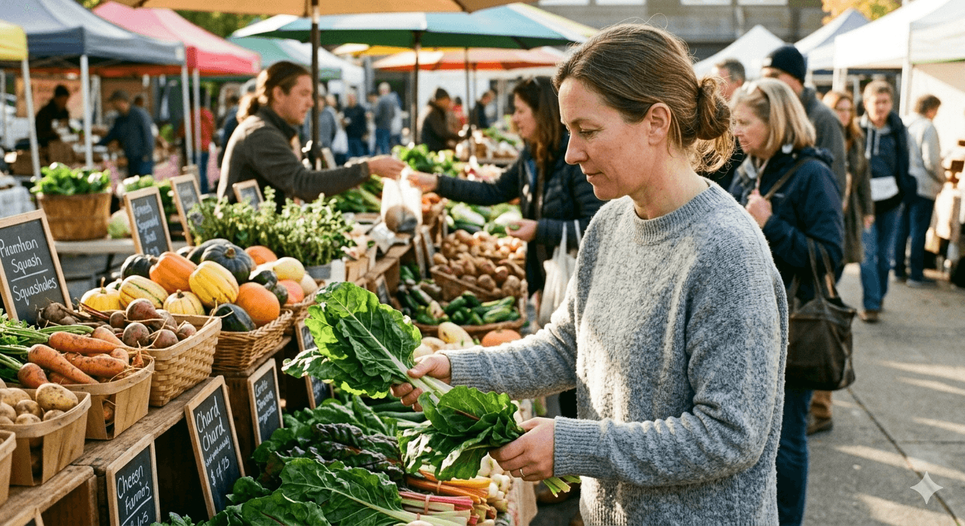Woman in her 40s choosing vegetables at a market — navigating eating and nutrition during perimenopause