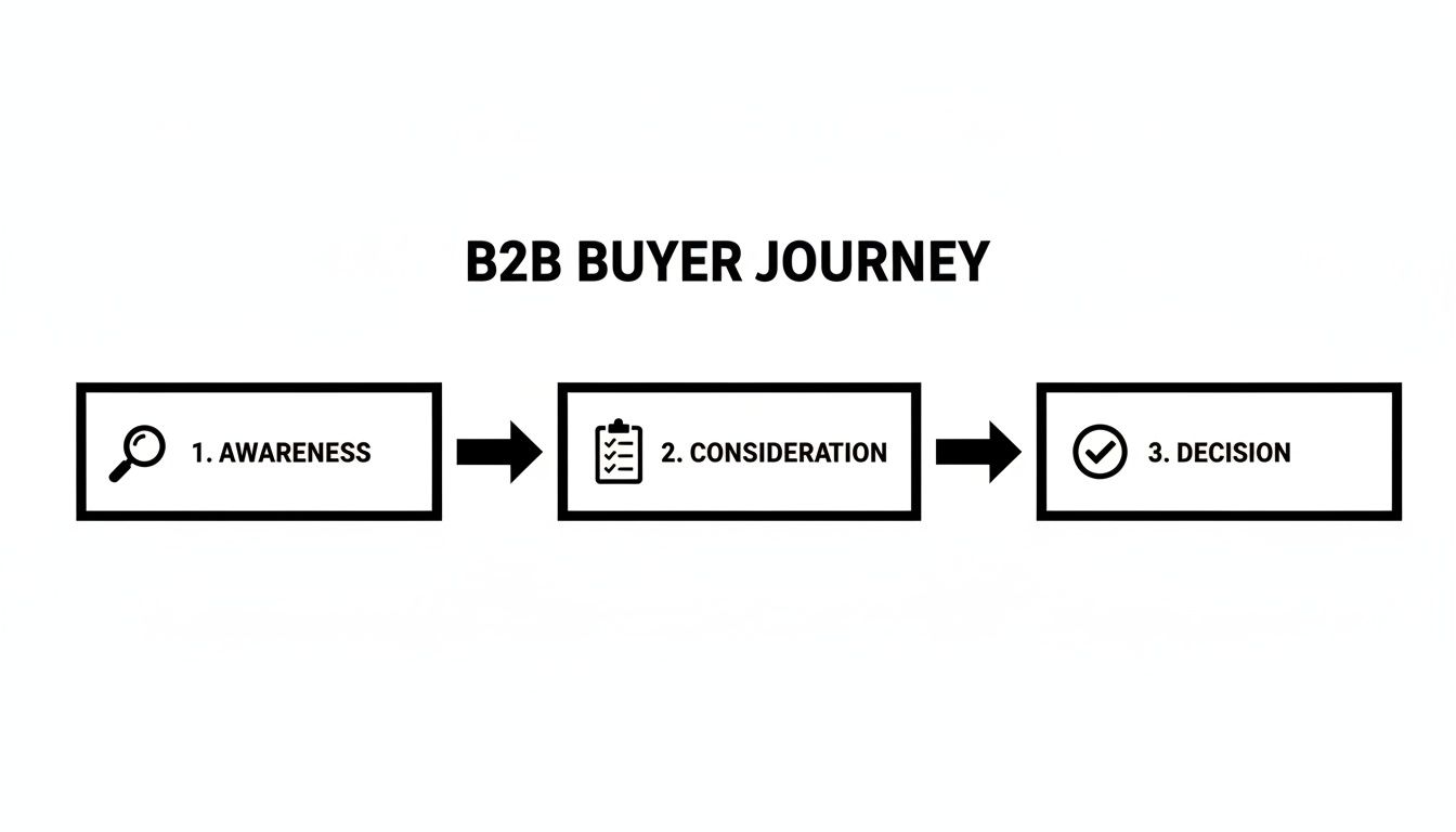 Flowchart illustrating the three stages of the B2B buyer journey: awareness, consideration, and decision.