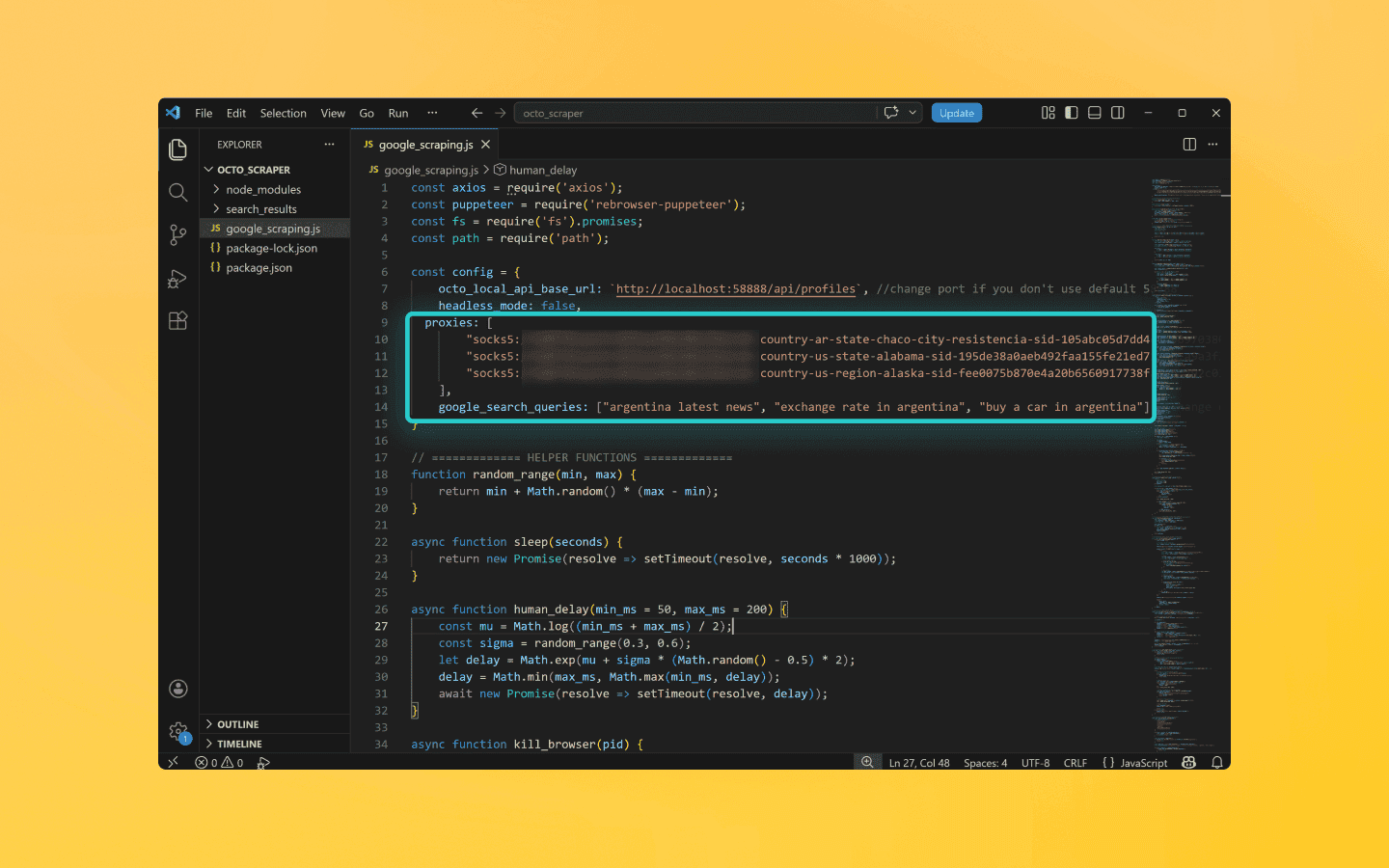 In the code, in the config variable, add your proxies to the proxies array.
