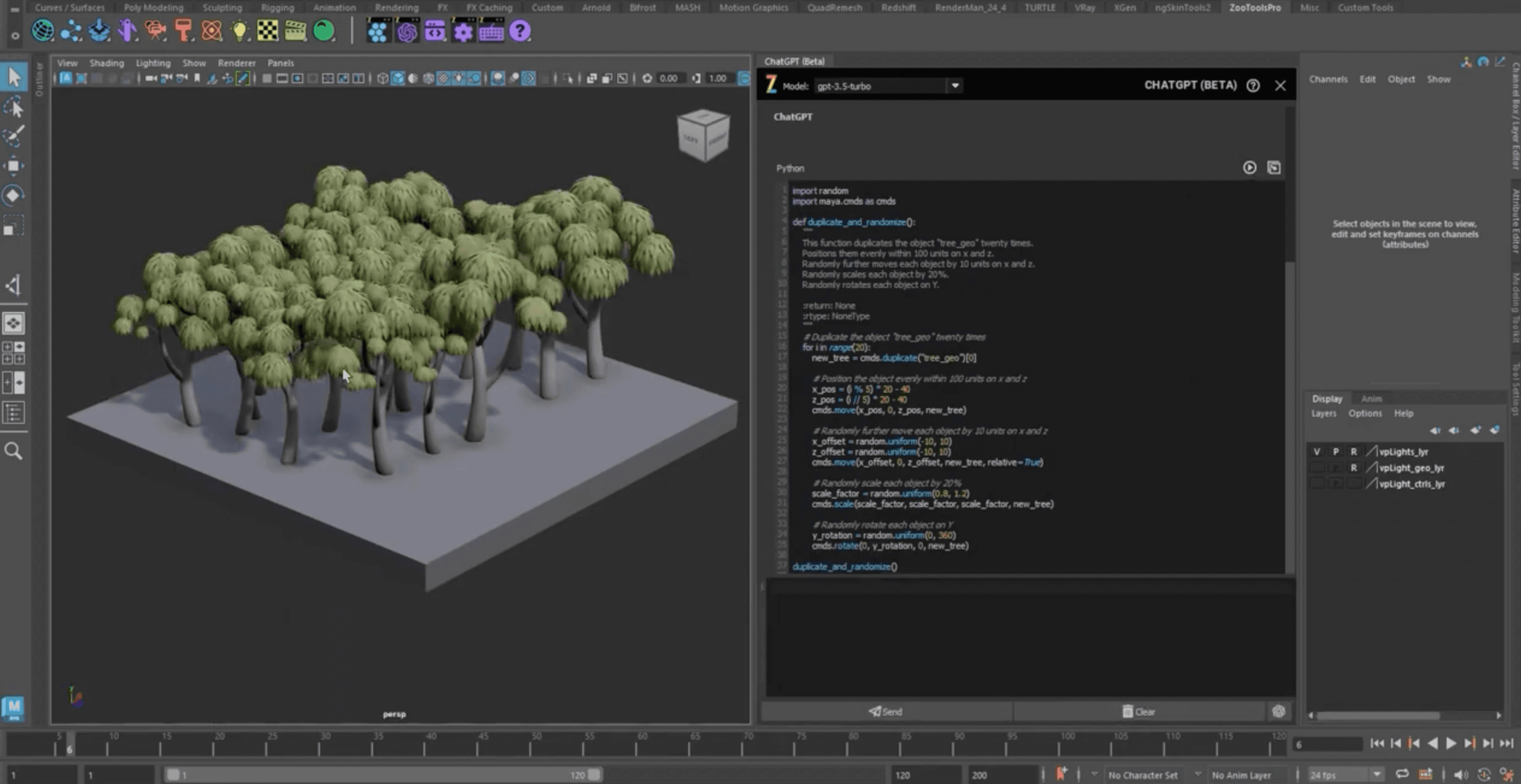 Maya viewport showing procedurally duplicated trees beside an AI-generated Python script for randomizing their position, scale, and rotation.