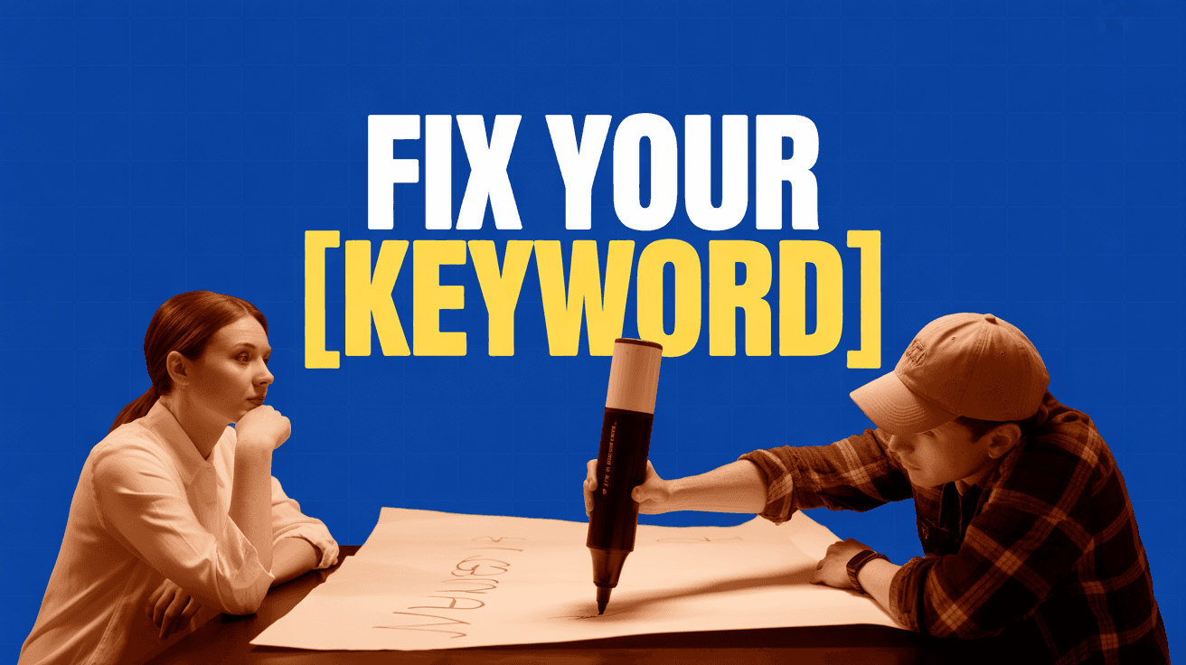 Alex Hormozi-style business strategy thumbnail with team at table and bold fix your keyword text