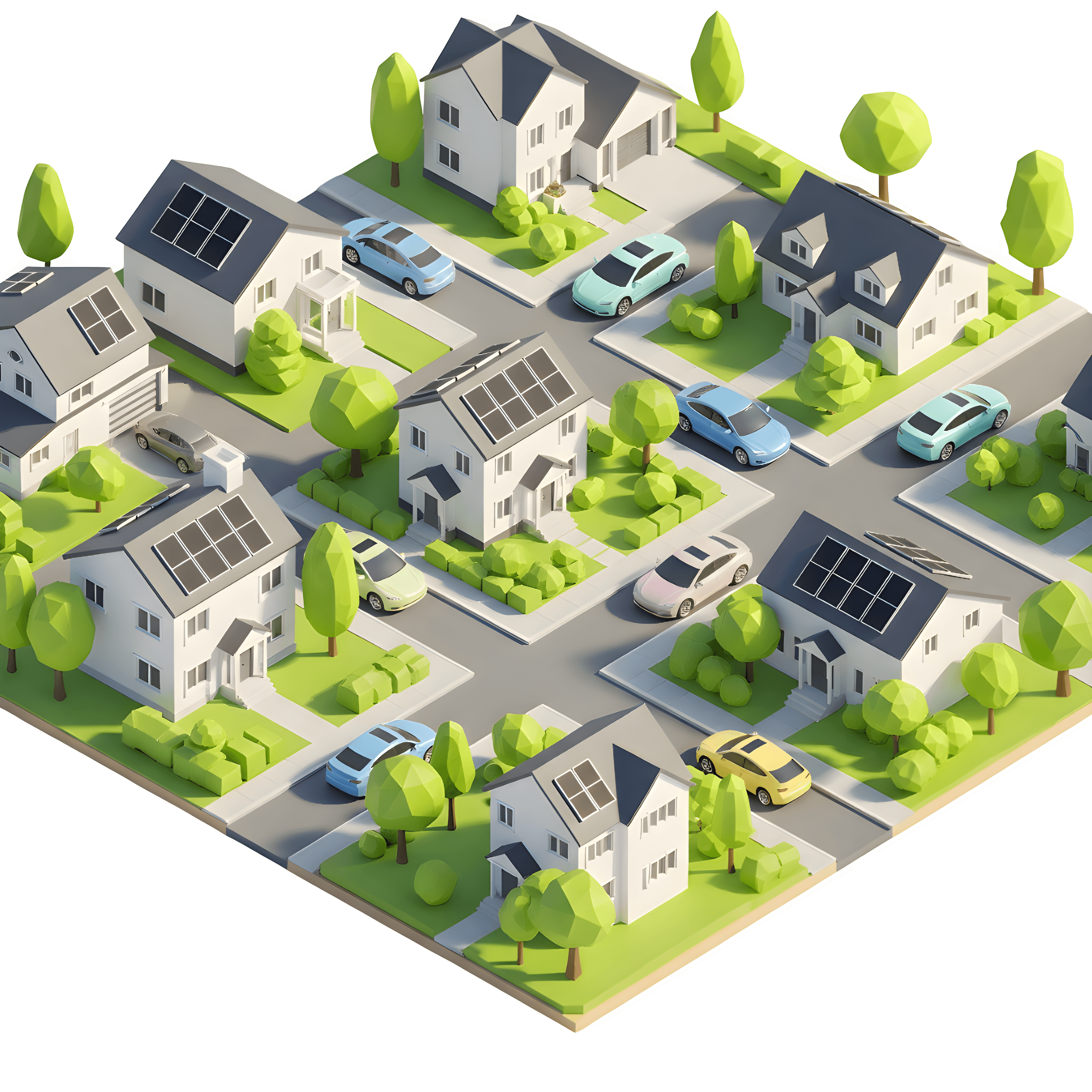 AI-generated neighborhood with homes using solar panels on rooftops