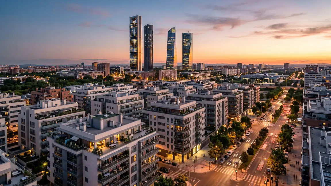 Madrid skyline with modern residential buildings at dusk, real estate marketing Madrid by TERAMOK