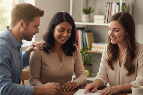 people talking at a table
