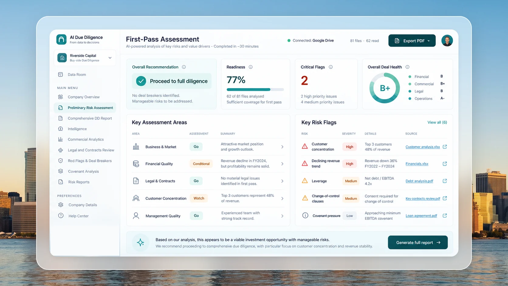 First-pass assessment in AI Due Diligence: overall recommendation, readiness, critical flags and deal health, with key assessment areas and risk flags linked to their sources