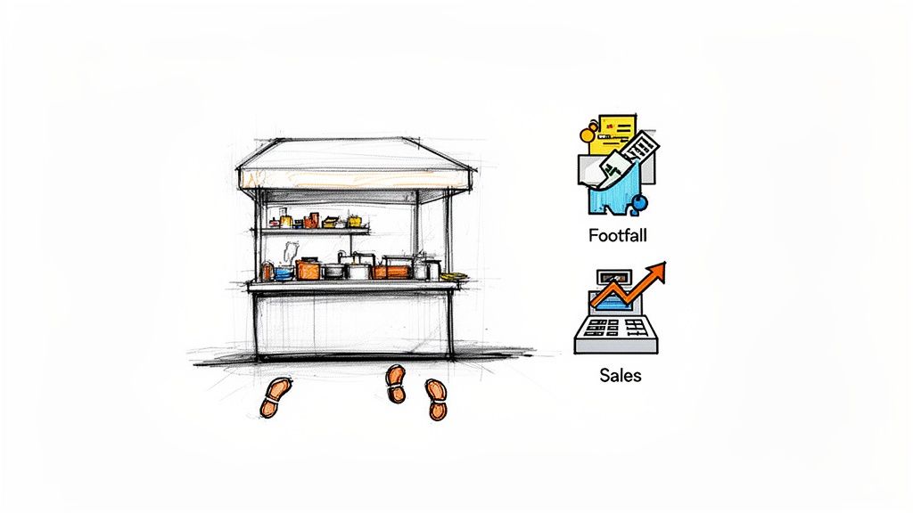 A sketch illustration showing a street food stall with footprints leading to it, plus business metrics icons.